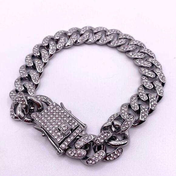 Silver Tone Cuban Link Full Rhinestones Pave Alloy Bracelet - Picture 4 of 6